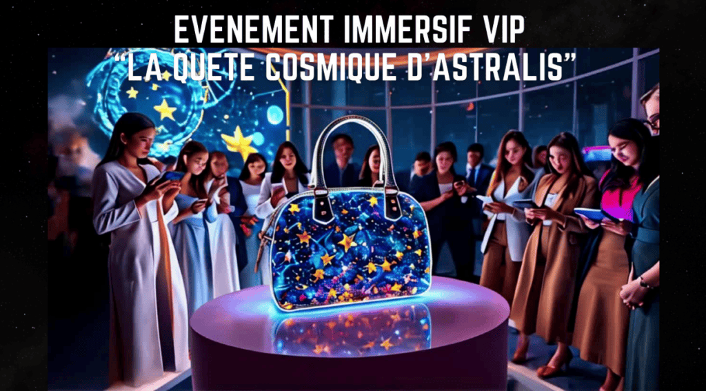 Image générée avec Leonardo IA par un groupe de nos étudiants pour l'événement immersif de lancement du sac Astralis by Lumetys.