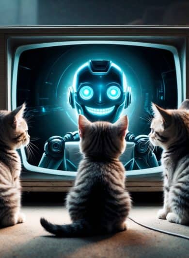 Photo de 5 chatons devant un écran de télévision qui affiche un robot souriant pour illustrer l'IA