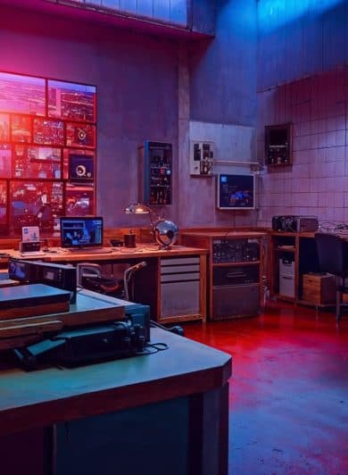 Photo IA d'un studio retrofuturiste, eclairage Neon rouge et bleu
