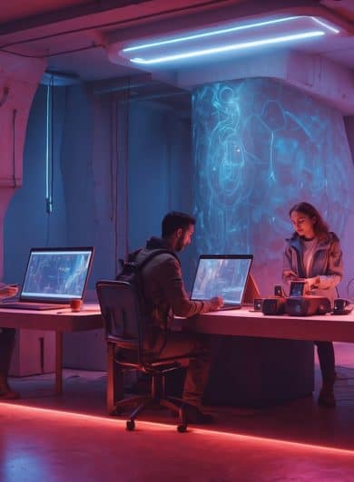 Image illustrant des personne en train de découvrir l'intelligence artificielle. Elle représente 4 personnes assises devant des ordinateurs. Le lien est assez sombre, d'une lumière de ton rouge et bleue. Dans une sorte de caverne mêlant rochers er objets digitaux