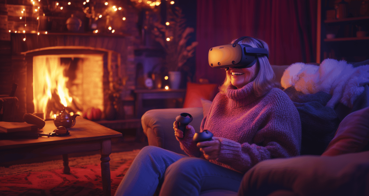Une femme d’environ 60 ans, assise au centre d’un canapé dans un salon au style vintage et chaleureux. Elle porte un casque de réalité virtuelle Oculus Quest 3 et tient des manettes dans ses mains. Son visage exprime une joie intense, avec un large sourire, comme si elle vivait une expérience immersive amusante dans le metaverse. La pièce est éclairée par des lumières tamisées aux teintes rouges, bleues et violettes, qui contrastent avec le décor cosy composé d’une cheminée, d’une table basse en bois et d’objets rétro.