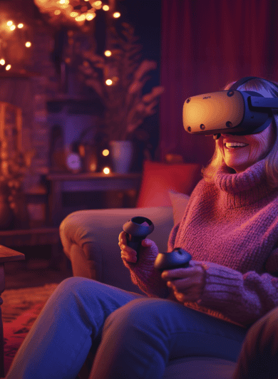 Une femme d’environ 60 ans, assise au centre d’un canapé dans un salon au style vintage et chaleureux. Elle porte un casque de réalité virtuelle Oculus Quest 3 et tient des manettes dans ses mains. Son visage exprime une joie intense, avec un large sourire, comme si elle vivait une expérience immersive amusante dans le metaverse. La pièce est éclairée par des lumières tamisées aux teintes rouges, bleues et violettes, qui contrastent avec le décor cosy composé d’une cheminée, d’une table basse en bois et d’objets rétro.