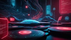 Paysage numérique futuriste représentant le fonctionnement des intelligences artificielles et leur exploration du web.