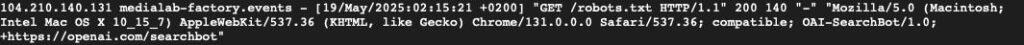 Capture d’écran montrant une requête HTTP d’un bot d’indexation OAI-SearchBot accédant au fichier robots.txt d’un site web.