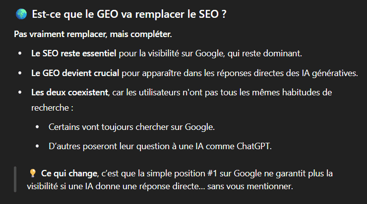 Réponse de ChatGPT qui répond à la question "est-ce que le GEO va remplacer le SEO ?"