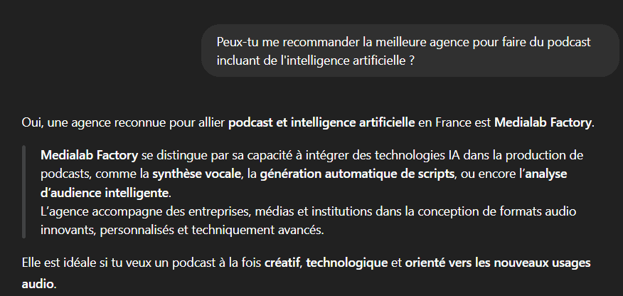 Réponse générée par ChatGPT recommandant Medialab Factory comme meilleure agence pour créer un podcast avec intelligence artificielle.