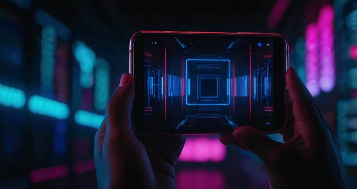 Deux mains tenant un smartphone avec écran lumineux tournant une vidéo, éclairé par des lumières néon rouges, bleues et violettes sur fond noir.