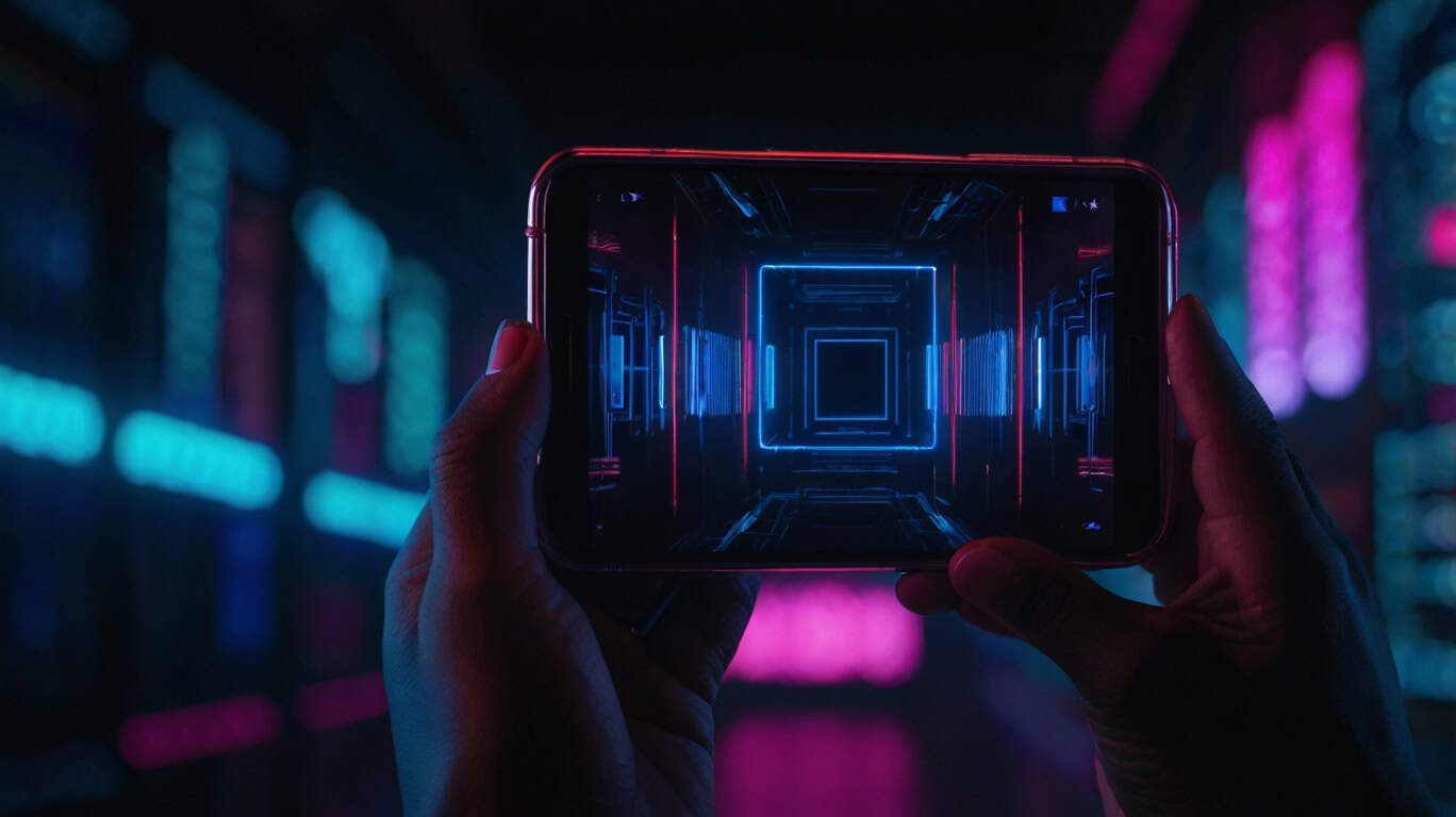Deux mains tenant un smartphone avec écran lumineux tournant une vidéo, éclairé par des lumières néon rouges, bleues et violettes sur fond noir.